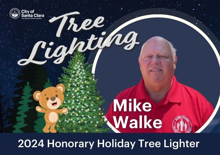 Teddy, the Holiday tree, and Mike Wilke. Text: Tree Lighting. 2024 Honorary Holiday Tree Lighter Mike Wilke