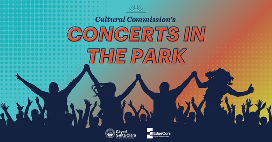 Flyer for the Cultural Commission’s Concerts in the Park event, featuring a colorful gradient background and silhouettes of a cheering crowd. 