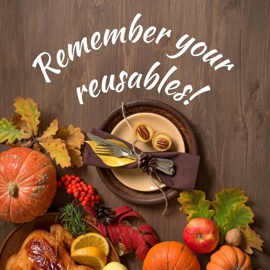 A poster that reads “Remember Your Reusables” with a reusable cup and utensil icons promoting waste reduction.