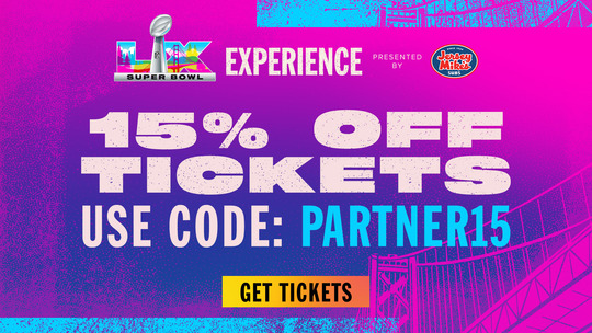 Info Graphic for the SuperBowl LX Experience - 15% off tickets - Use Code: Partner15 