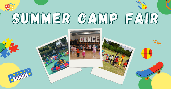 Poster showing the words “Summer Camp Fair” above 3 photos of kids enjoying activities, games, surrounded by playful icons and shapes.