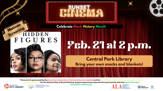 Colorful movie night poster announcing a Hidden Figures screening with the film’s 3 main characters, event date, time, and Central Park Library.