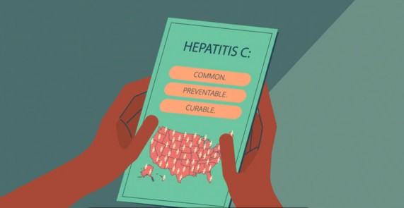 Illustrated brochure that says hepatitis C is common, preventable, and curable