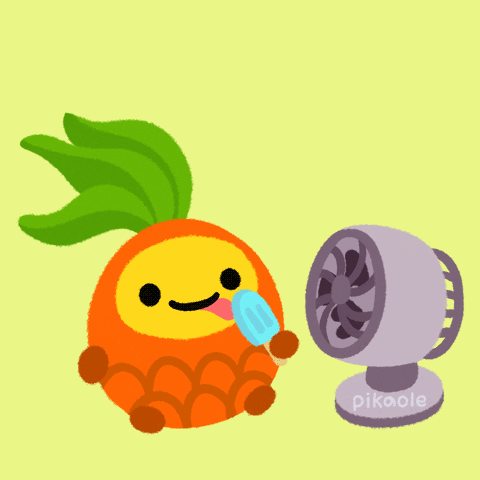 Pineapple character eating ice cream with fan on