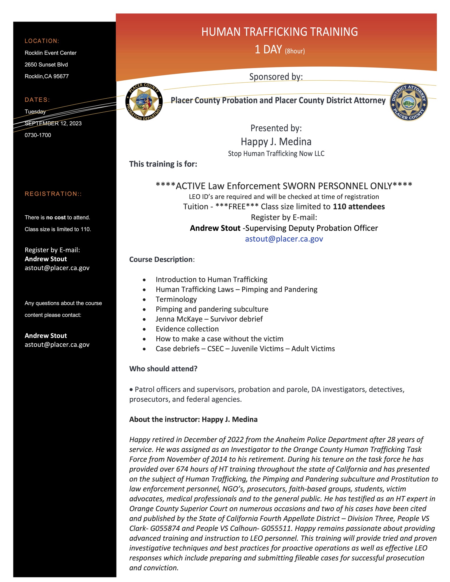 Sept. 12 HT training for law enforcement in Rocklin