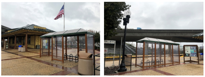 Image of two wind/rain shelters at the Suisun City Train Depot 