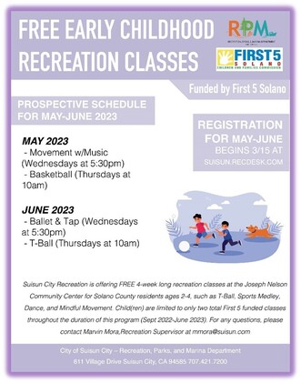 Image of flyer for the First 5 Solano Early Childhood Recreation Classes