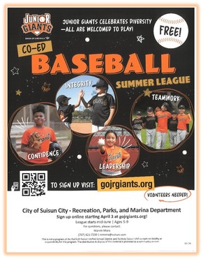 Image of flyer for Junior Giants Co-Ed Baseball Summer League 