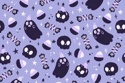 ghost, skeletons and candy corn on a purple background, illustration