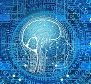 Human head made of computer code in blue shades