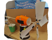 Windmill craft made from cardboard, cups, dowels and tape