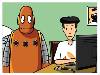 robot and man at computer, illustration