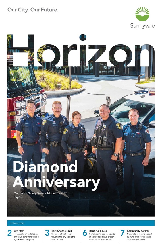 Five public safety officers standing in front of a fire truck and patrol car