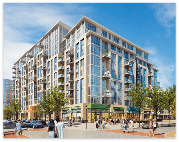 12-story apartment building with businesses on the first floor, artist rendering.