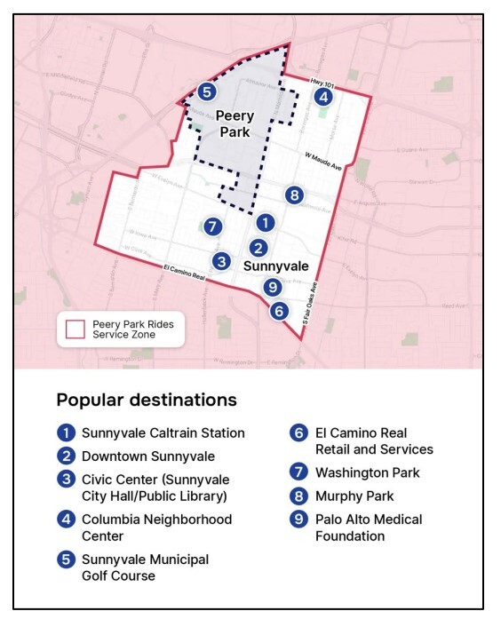 Peery Park rideshare boundary map in Sunnyvale with marked popular destinations