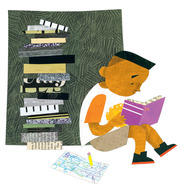 child reading next to a stack of books, illustration
