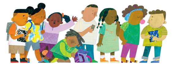 several children in a line, illustration
