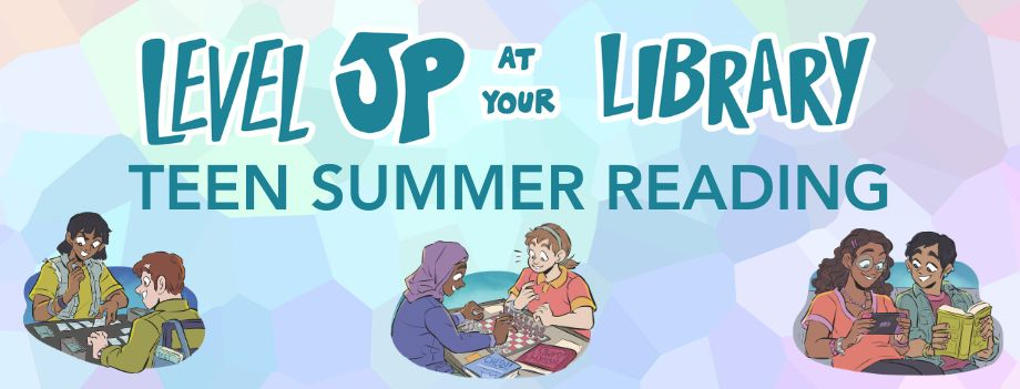 Level up at your library. Teen summer reading. Teens playing board games and video games and reading books. Illustration.