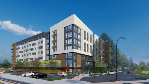 Rendering of IRA D Hall Square, a new affordable housing complex with modern design, multiple stories, and landscaped pedestrian areas.