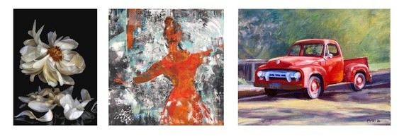 Photograph of a pale flower with scattered petals; abstract painting of a red and orange dancer; painting of a vintage red pick-up truck.