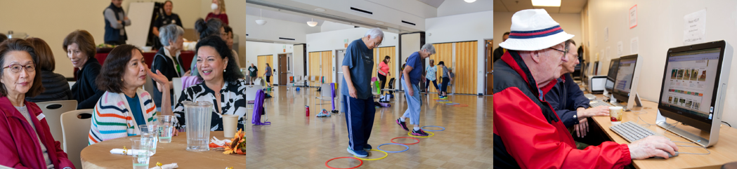 "Older adults socializing at a table, participating in a group fitness class with hoops, and using desktop computers in a computer lab."