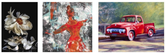 “Three artworks: white flowers on black, abstract dancer in red, and a red vintage truck on a sunny road.”