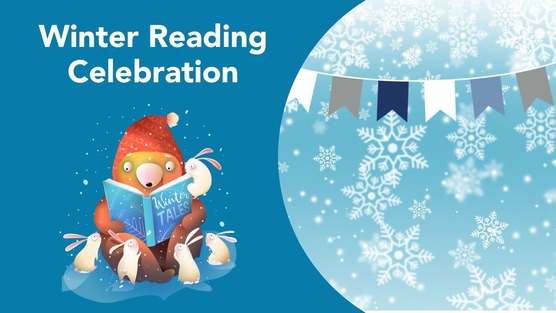 Winter Reading Celebration image with a bear reading a book to bunnies