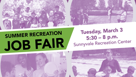 Graphic promoting a Summer Recreation Job Fair with photos of recreation activities and text listing the date, time and location.