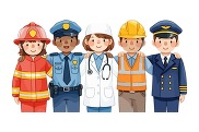 a firefighter, police officer, doctor, construction worker, pilot with arms around each other, illustration