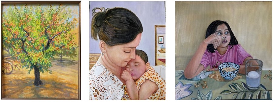 Photos left to right: apricot tree in orchard; mother holding young girl portrait; girl seated at table with bowl of cereal and glass of milk