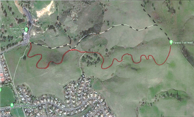 Aerial map of proposed multi-use flow trail from Paraiso Trail Head to Boundary Oak Golf Course