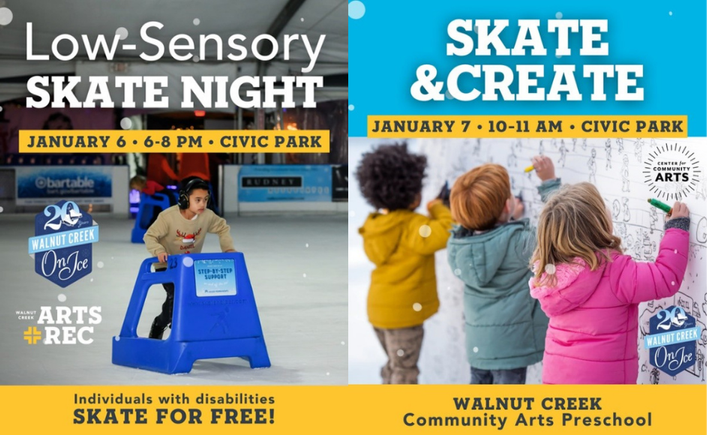 Posters for the Low-Sensory Skate Night (Jan 6) and Skate & Create (Jan 7).