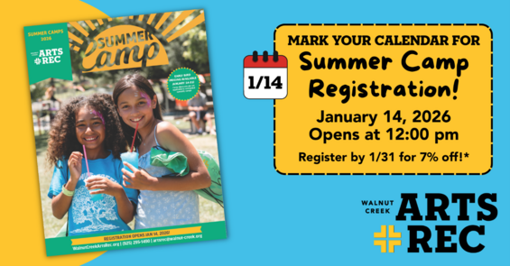 Image with two children with facepaint, and text saying "Mark Your Calendar for Summer Camp Registration"