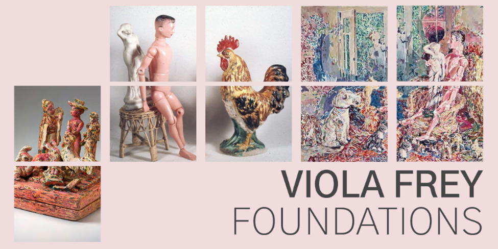 Photographs of Viola Frey's art exhibition: Foundations. Image of clay sculptures and manequins. 