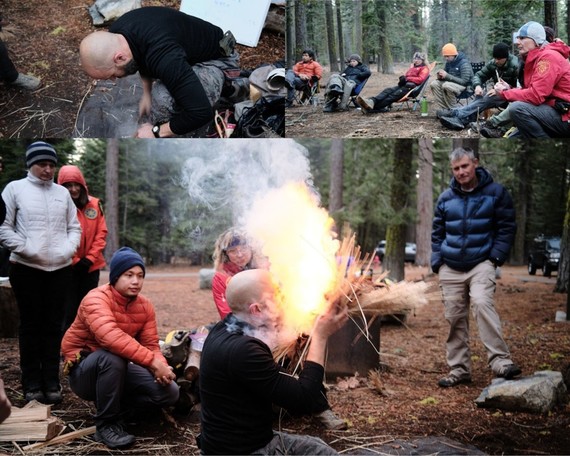 Darren Cooke of the Sierra District demonstrates fire by friction in wet conditions.