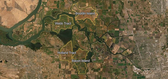 Map showing four Delta Islands: Webb Tract, Holland Tract, Bouldin Island, and Bacon Island