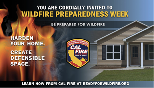 CalFire graphic showing wildfire preparedness. Harden your home. Create defensible space.