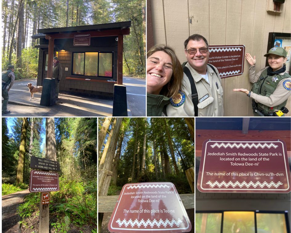 Jedediah Smith Redwoods Land Acknowledgement signs collage