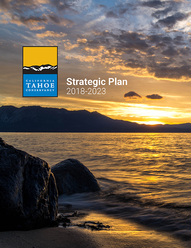 Sunset over a lake and text saying "California Tahoe Conservancy 2018-2023 Strategic Plan"