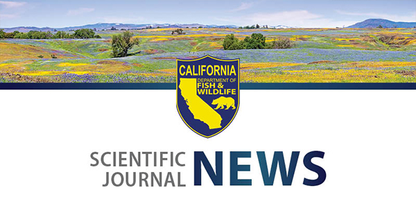 Header with a hilly field with flowers at the top and the California Department of Fish and Wildlife logo and Scientific Journal News at bottom.