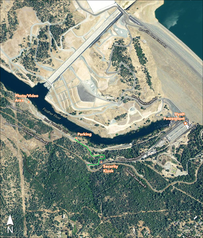 Map showing the location of a photo/video staging area to observe Oroville Dam main spillway releases along the Brad Freeman trail . 