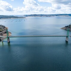 A drone view of water levels at the Bidwell Bar Bridge located at Lake Oroville.