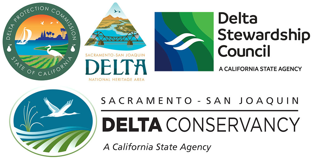 Logos for Delta Protection Commission, Delta National Heritage Area, Delta Stewardship Council and Delta Conservancy