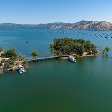 An aerial view shows high water conditions at the Bidwell Bar Bridge located at Lake Oroville. 