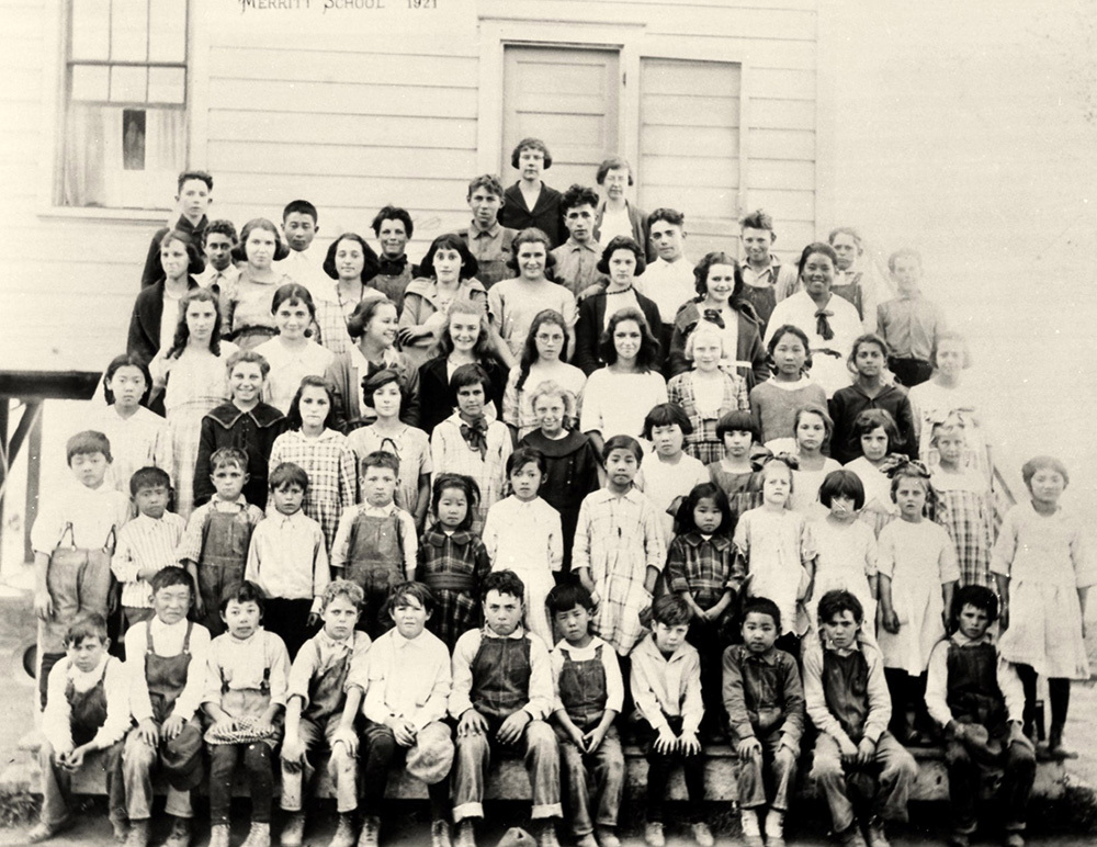 A racially integrated - white and Japanese-American - group of children at the Clarksburg Schoolhouse in 1921 