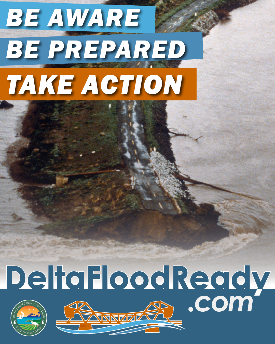 Flyer for DeltaFloodReady.com with tagline, "Be Aware. Be Prepared. Take Action."