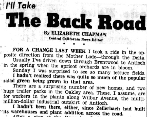 Except from Nov. 22, 1963, Stockton Daily Evening Record article about driving through the Delta