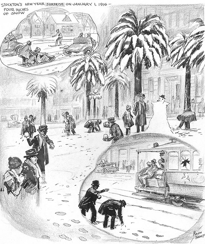 Drawing of snow in Stockton in 1916