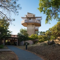 The 47-foot viewing tower is seen from the main walkway entrance to the Lake Oroville Visitor Center. 