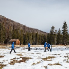 DWR's Snow Surveys and Water Supply Forecasting Unit measure snowpack during the first media snow survey of the 2024 season at Phillips Station.